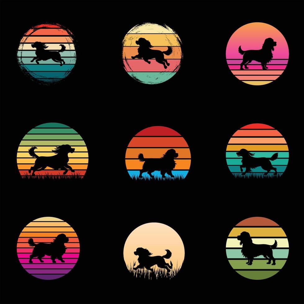 Wirehaired Pointing Griffon Dog Silhouette With Vintage Sunset Retro Aesthetic Bundle vector