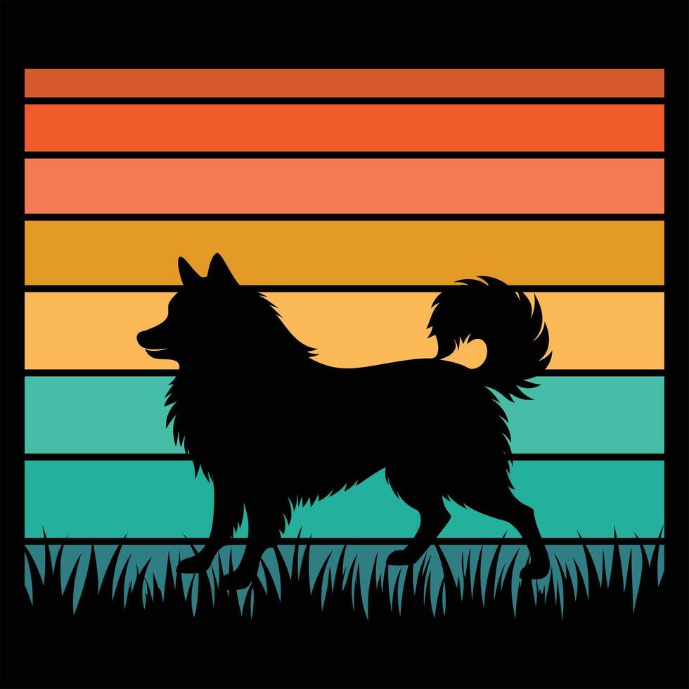 Vintage Sunset Background With American Eskimo Dog Silhouette vector