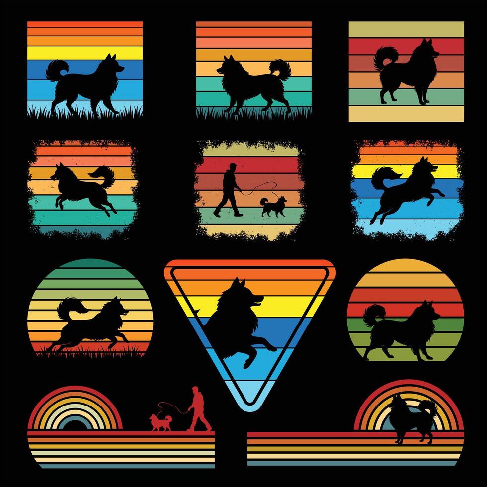 Set of American Eskimo Dog Silhouette With Vintage Sunset Vibes vector