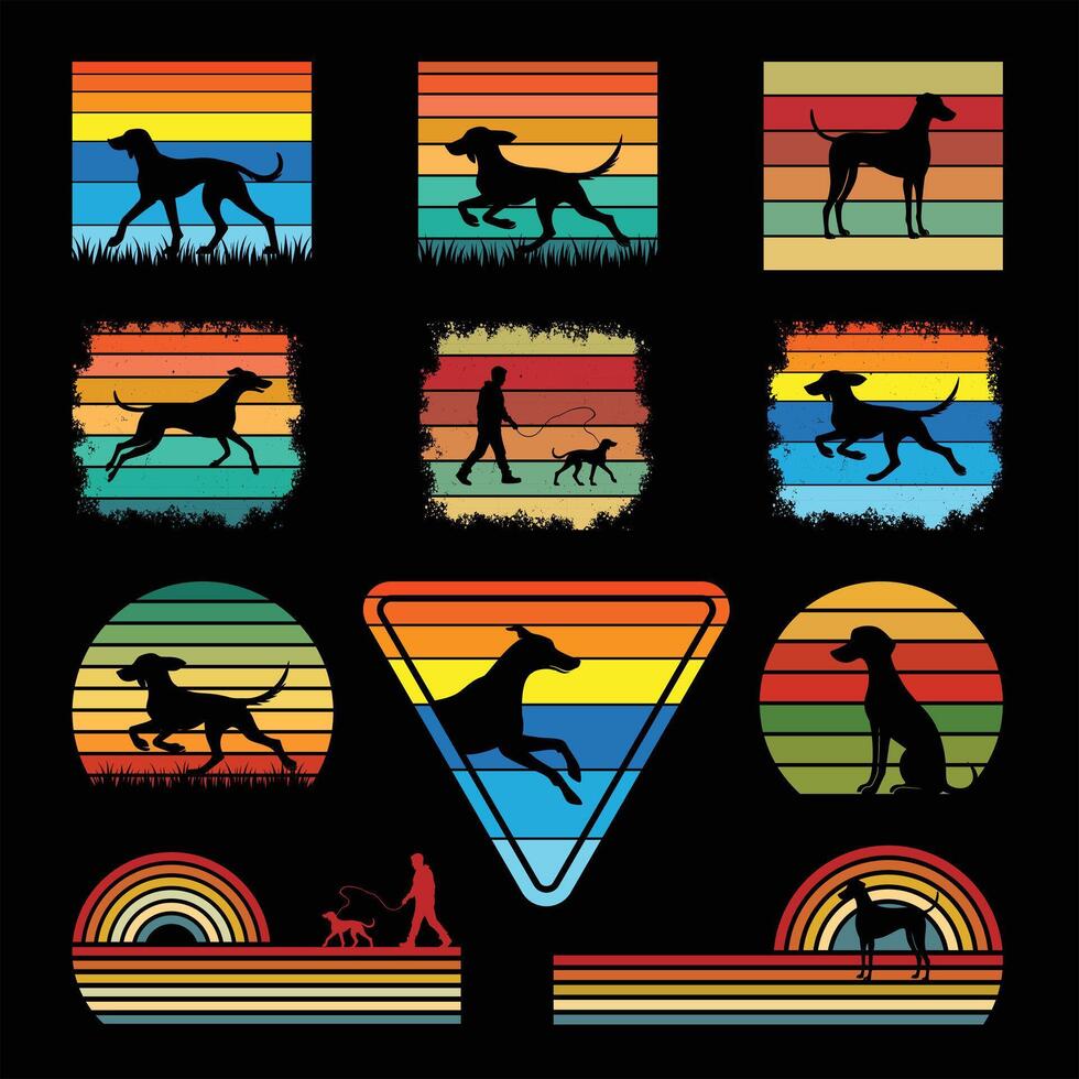 Set of American Foxhound Dog in Silhouette with Retro Sunset Backdrop vector