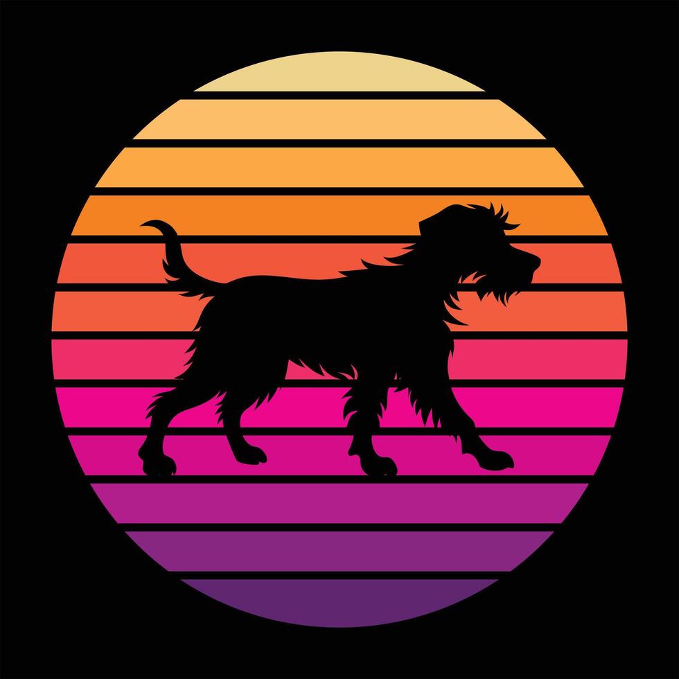 Canine Twilight Wirehaired Pointing Griffon Dog Silhouette With Retro Sky vector