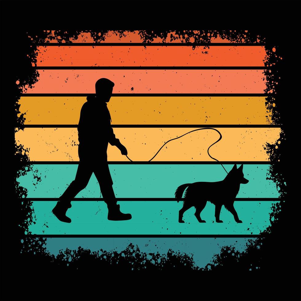 Sunset Retro Design with Swedish Vallhund Dog Silhouette vector