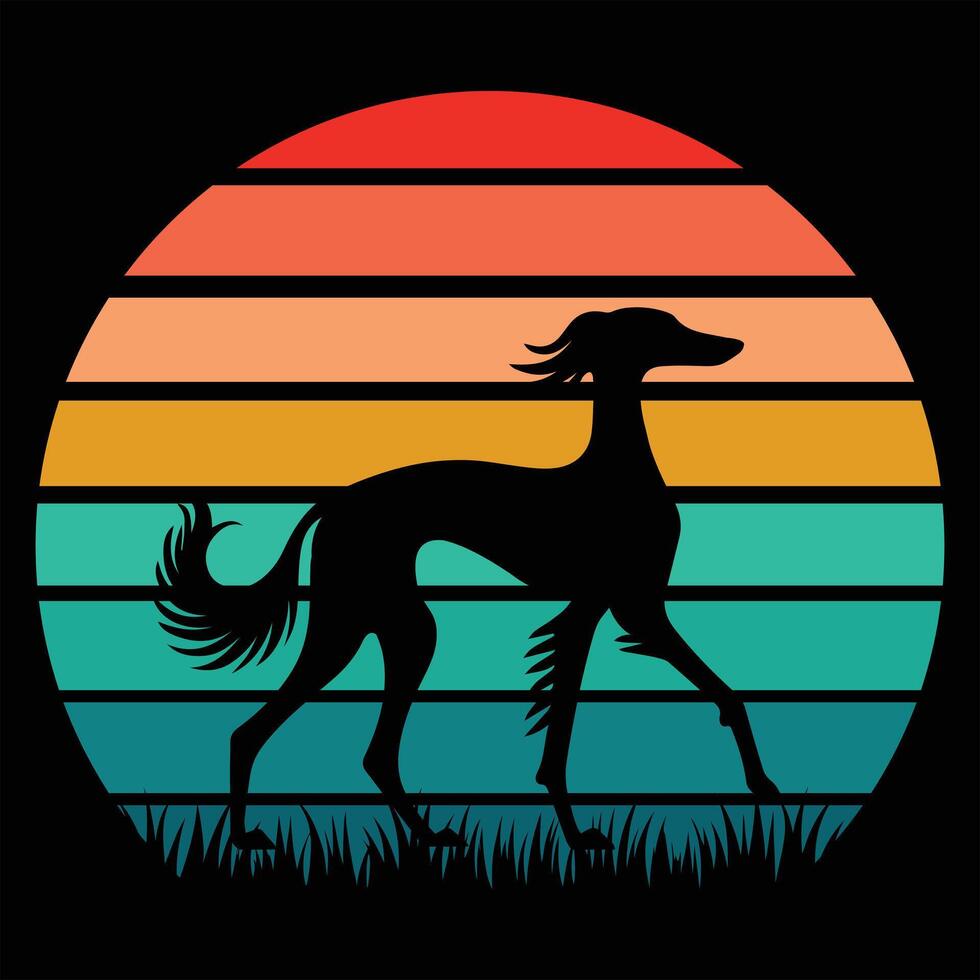 Saluki Dog Silhouette Set Against a Warm Retro Sunset vector