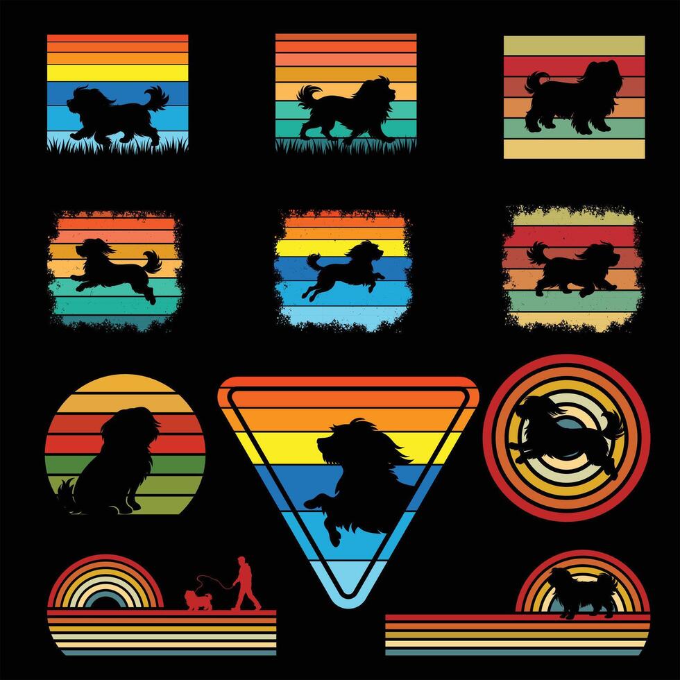 Lhasa Apso Dog in Retro Sunset Vintage Design Illustration Bundle vector