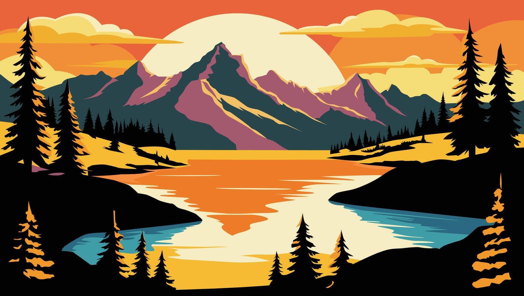 Vibrant Sunset Mountain Landscape with Reflection vector