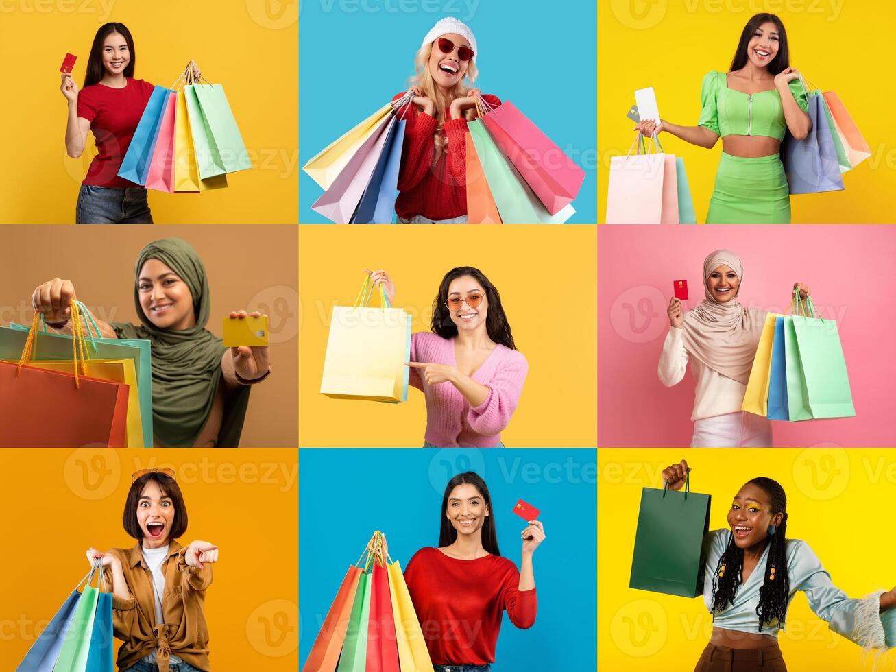 A lively group of shoppers of various backgrounds joyfully displays their colorful shopping bags. Each person holds different items, showcasing excitement for retail therapy during sales. photo