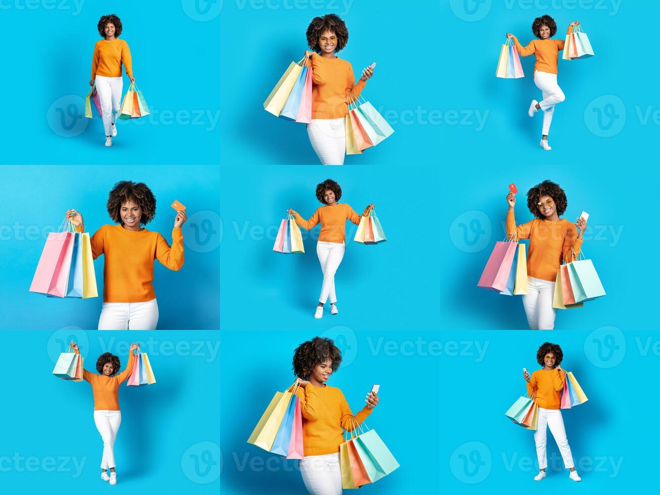A woman with curly hair radiates happiness as she flaunts several shopping bags in vibrant colors. She's enjoying a shopping spree during Black Friday sales, highlighting consumerism and excitement. photo