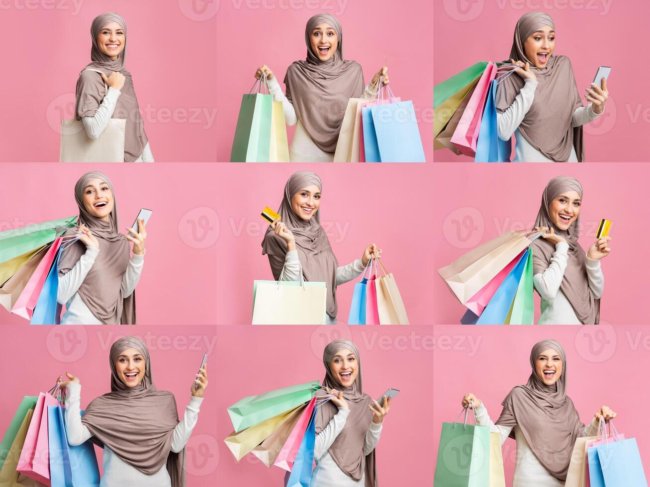 A collage of joyful Muslim woman holding numerous shopping bags. She express enthusiasm for her purchases amid vibrant colors, highlighting the spirit of consumerism and holiday sales. photo