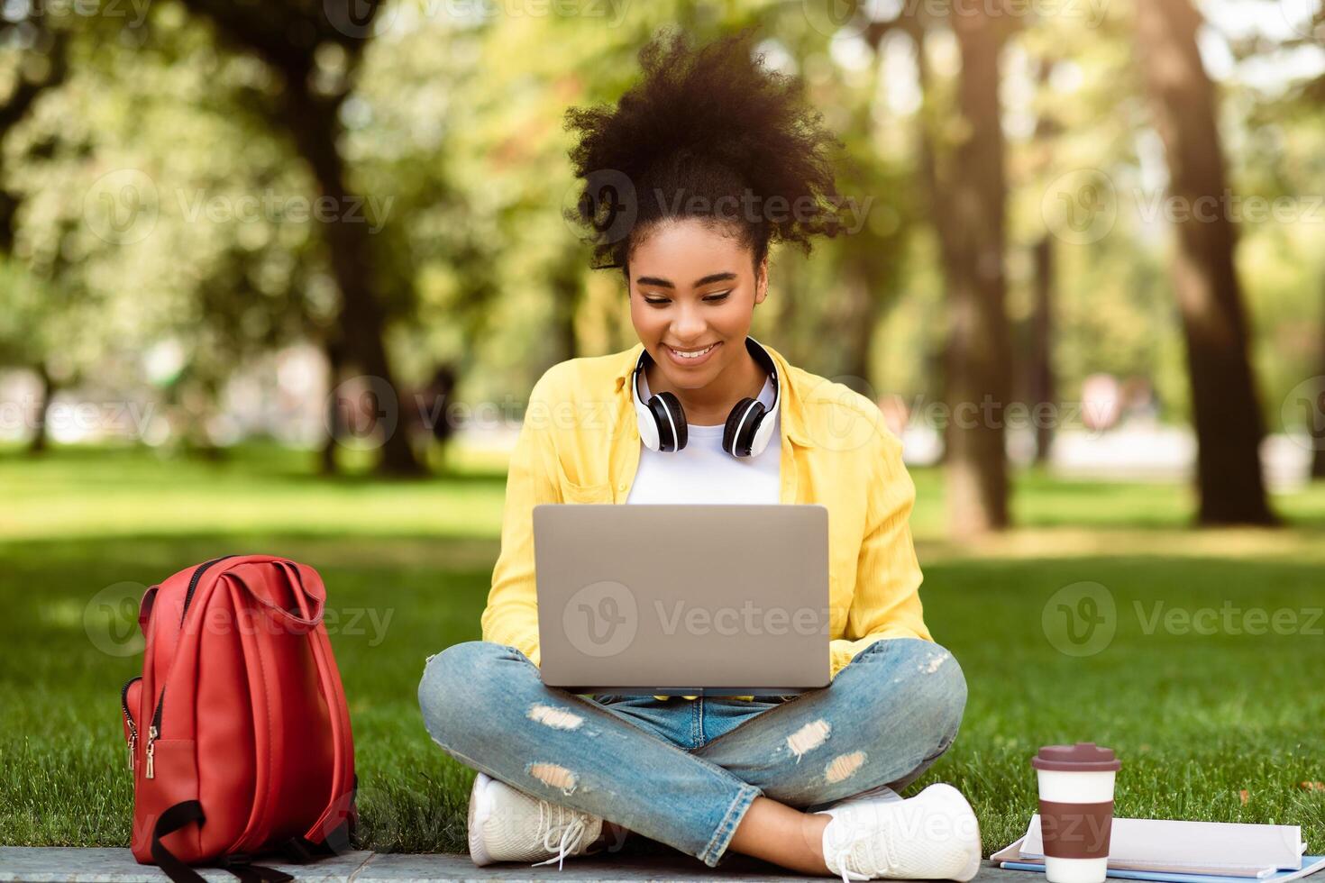 E-Learning. African American College Girl Using Laptop Having Distant Online Lecture Sitting On Grass In Park Outdoors. Female Student Browsing Internet Via Computer Learning Remotely photo