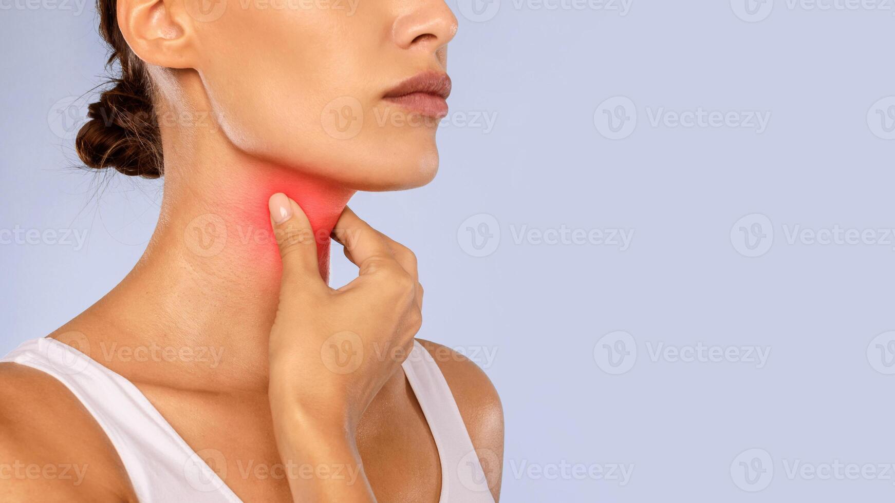 Healthcare, Cold and People Concept. Closeup of unrecognizable sick woman suffering from sore throat, ill lady touching neck with hand, inflamed red zone, banner, panorama, free copy space photo