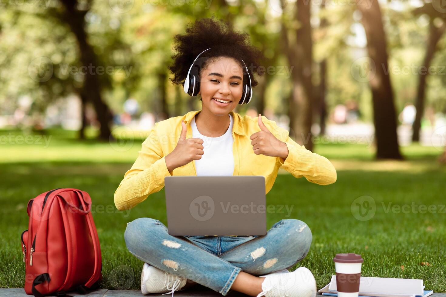 I Like E-Learning. Black College Girl With Laptop Gesturing Thumbs Up With Both Hands Approving Distance Learning And Smiling To Camera Sitting Outside In Green Park. Modern Online Education photo