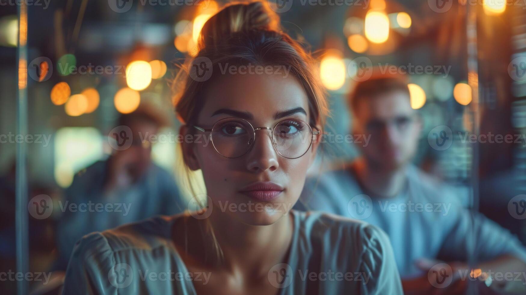A young woman with glasses sits in a cozy cafe, surrounded by friends. Warm lights create a relaxed atmosphere as they engage in lively conversation during the evening. photo