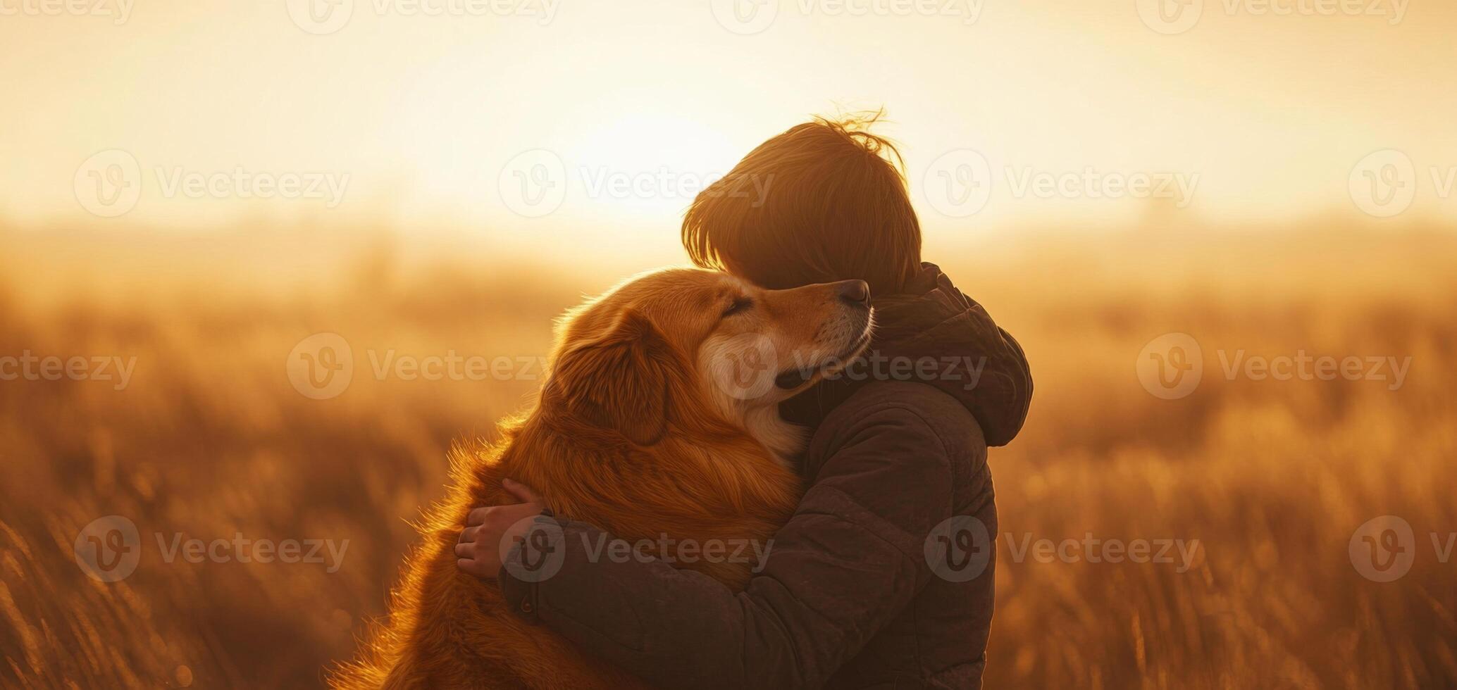 A young boy holds his golden retriever close in a field at sunset. The warm light creates a serene atmosphere, highlighting their strong connection amidst tall grass. photo