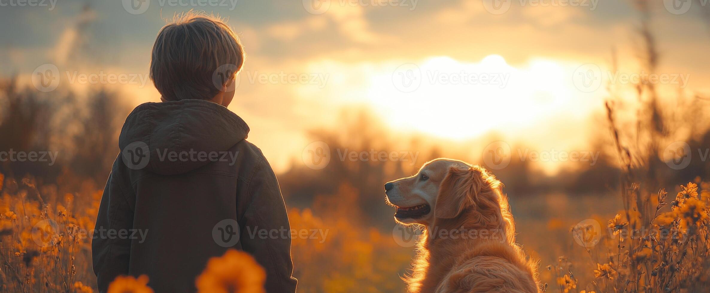 A young boy stands beside a golden retriever, both gazing at the colorful sunset. The landscape is adorned with blooming wildflowers, creating a tranquil atmosphere. photo