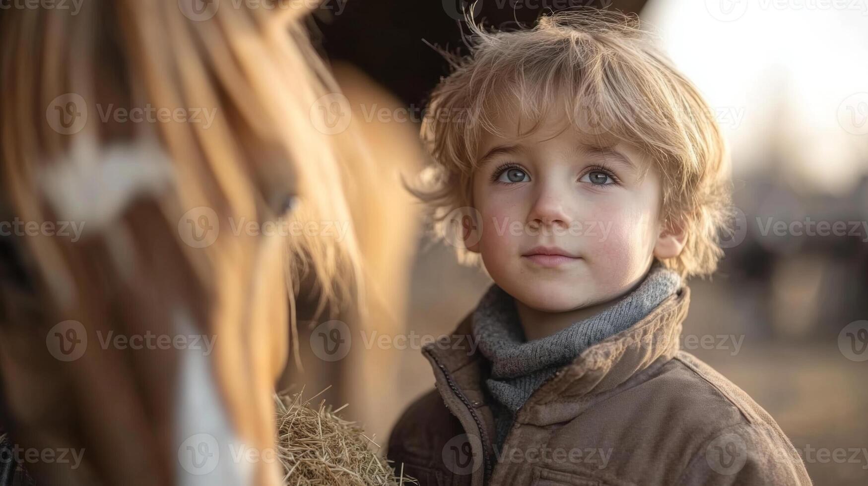 A young boy with tousled hair stands near a horse, holding a handful of hay. The warm light of late afternoon creates a peaceful atmosphere on the farm. photo