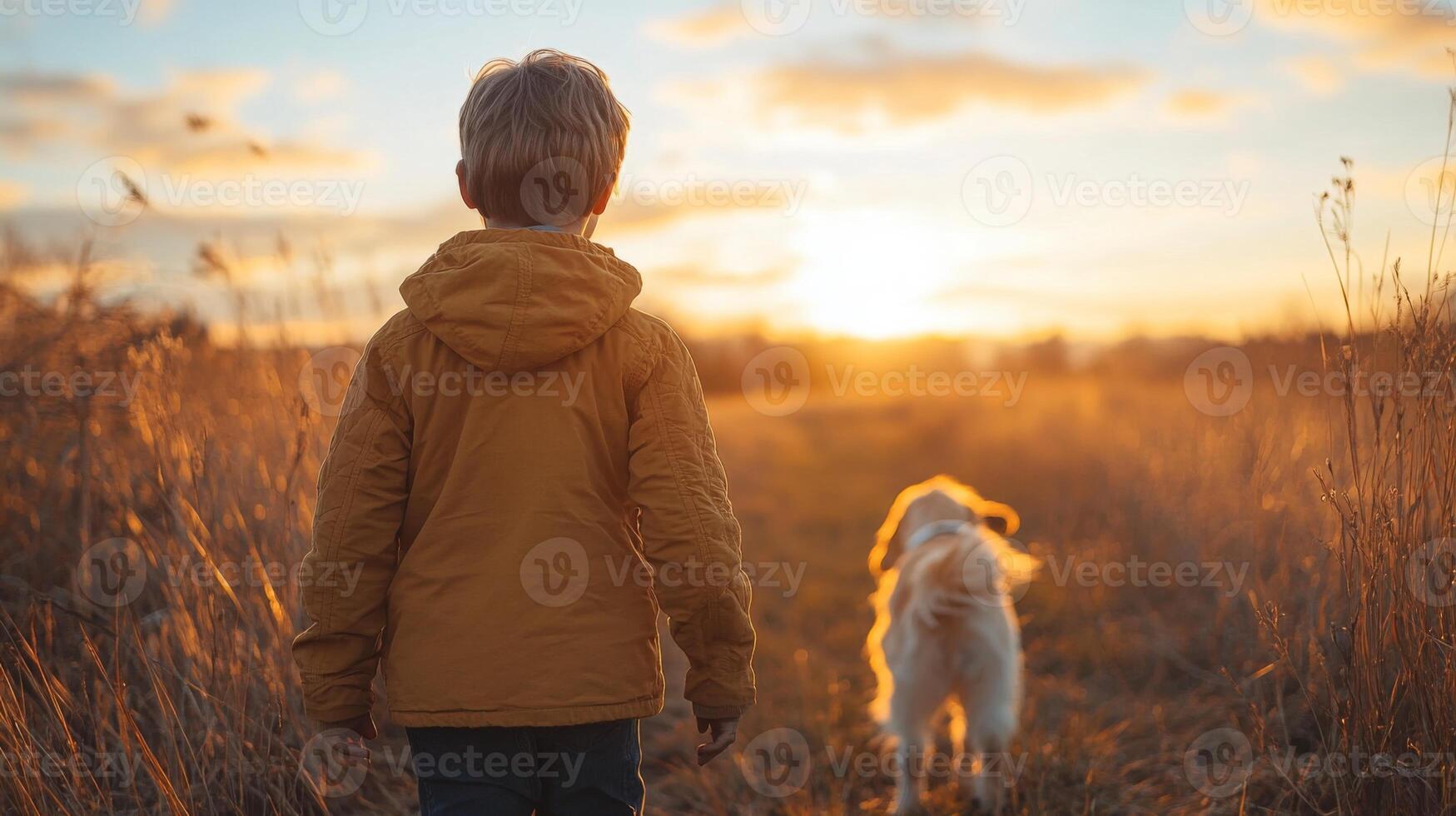 A young boy wearing a warm jacket strolls next to a golden retriever in a field filled with tall grass as the sun sets in the background, creating a peaceful atmosphere. photo