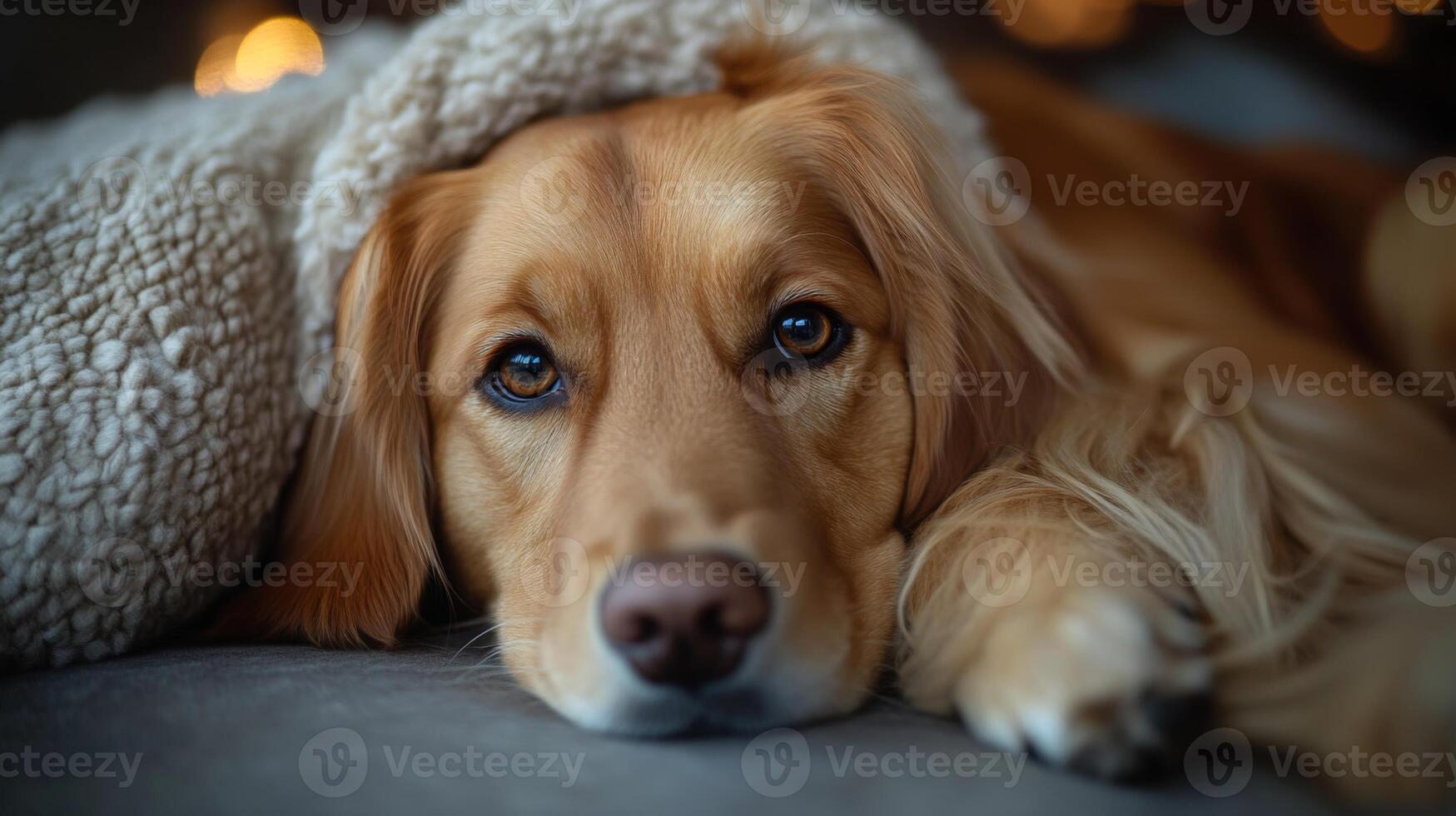 A golden retriever lies peacefully on a soft blanket in a warm, inviting room, its big eyes looking straight ahead, capturing a sense of serenity in the evening light. photo