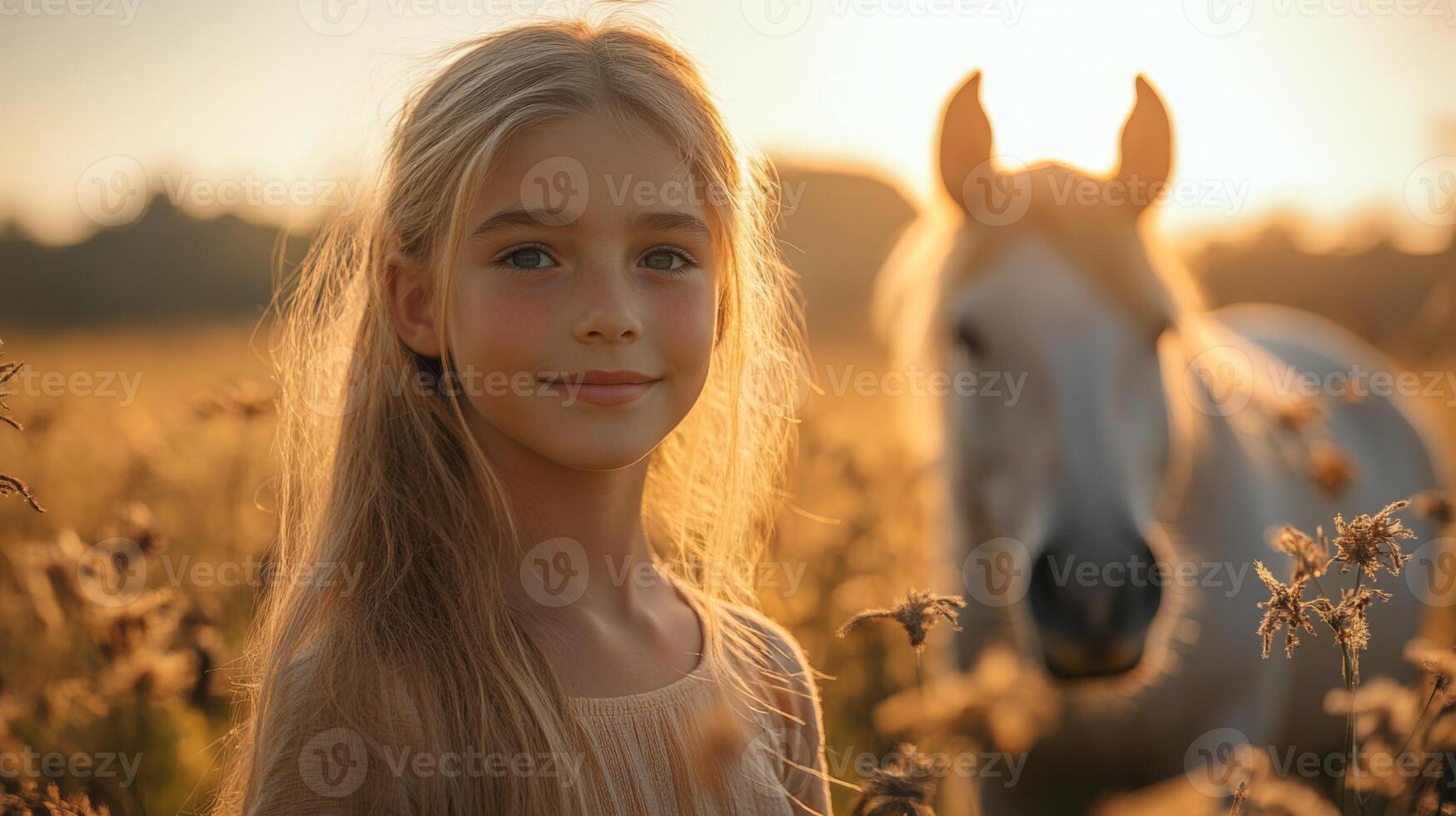 A young girl stands in a golden meadow at sunset, smiling softly while a white horse gently grazes nearby among tall wildflowers creating a peaceful atmosphere. photo