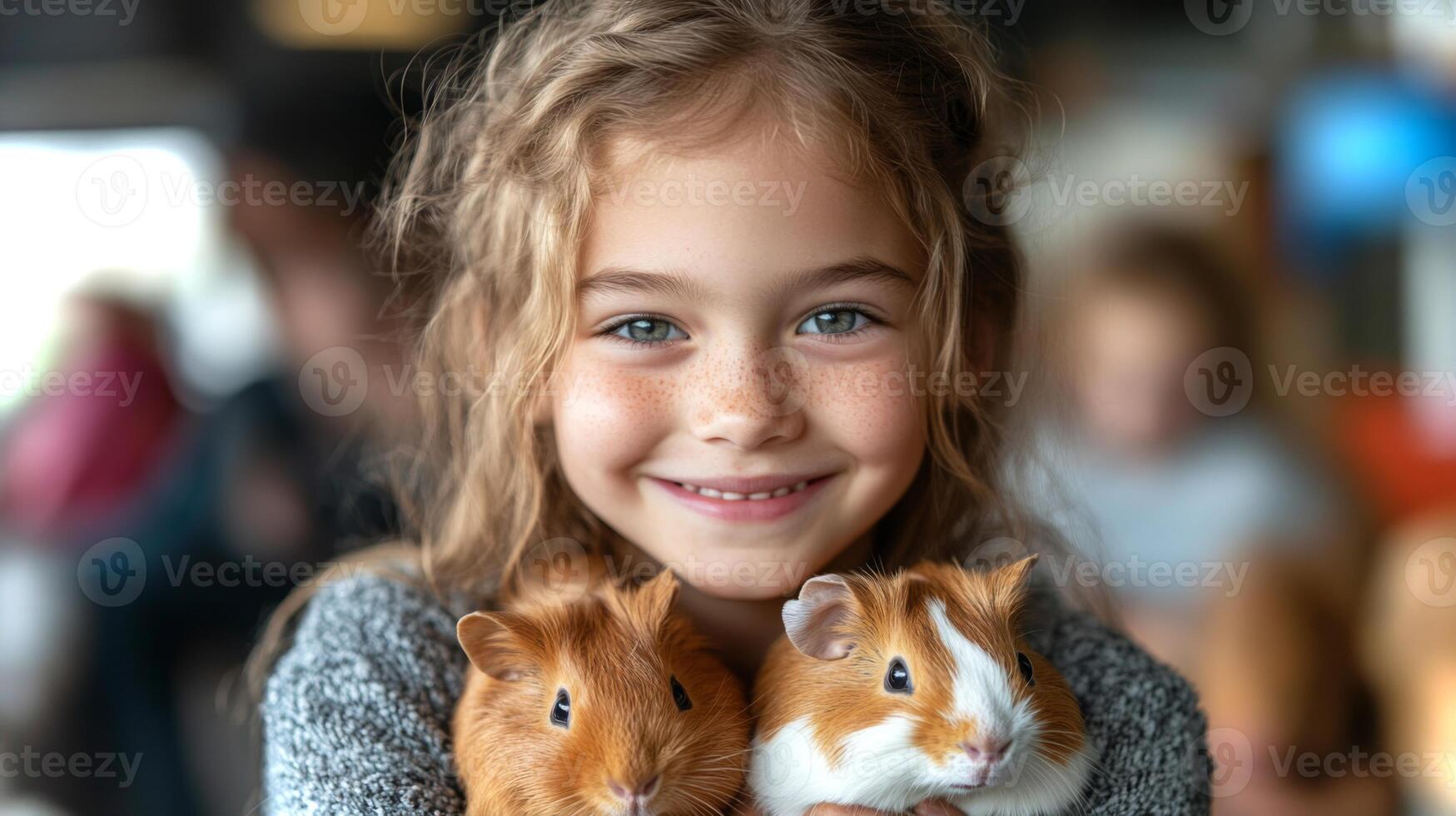 A joyful girl beams while cradling two lively guinea pigs, surrounded by friends and families enjoying the vibrant atmosphere at a local gathering. photo