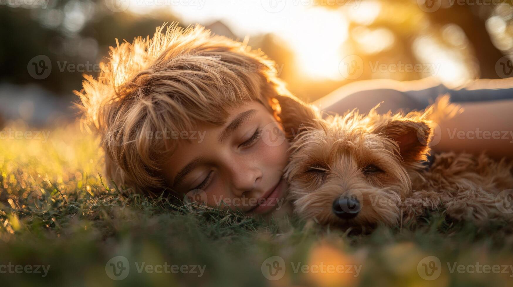 A child lies on soft grass, eyes closed and face relaxed, while a small dog rests its head close. The sun sets, casting a warm glow creating a serene atmosphere in the park. photo