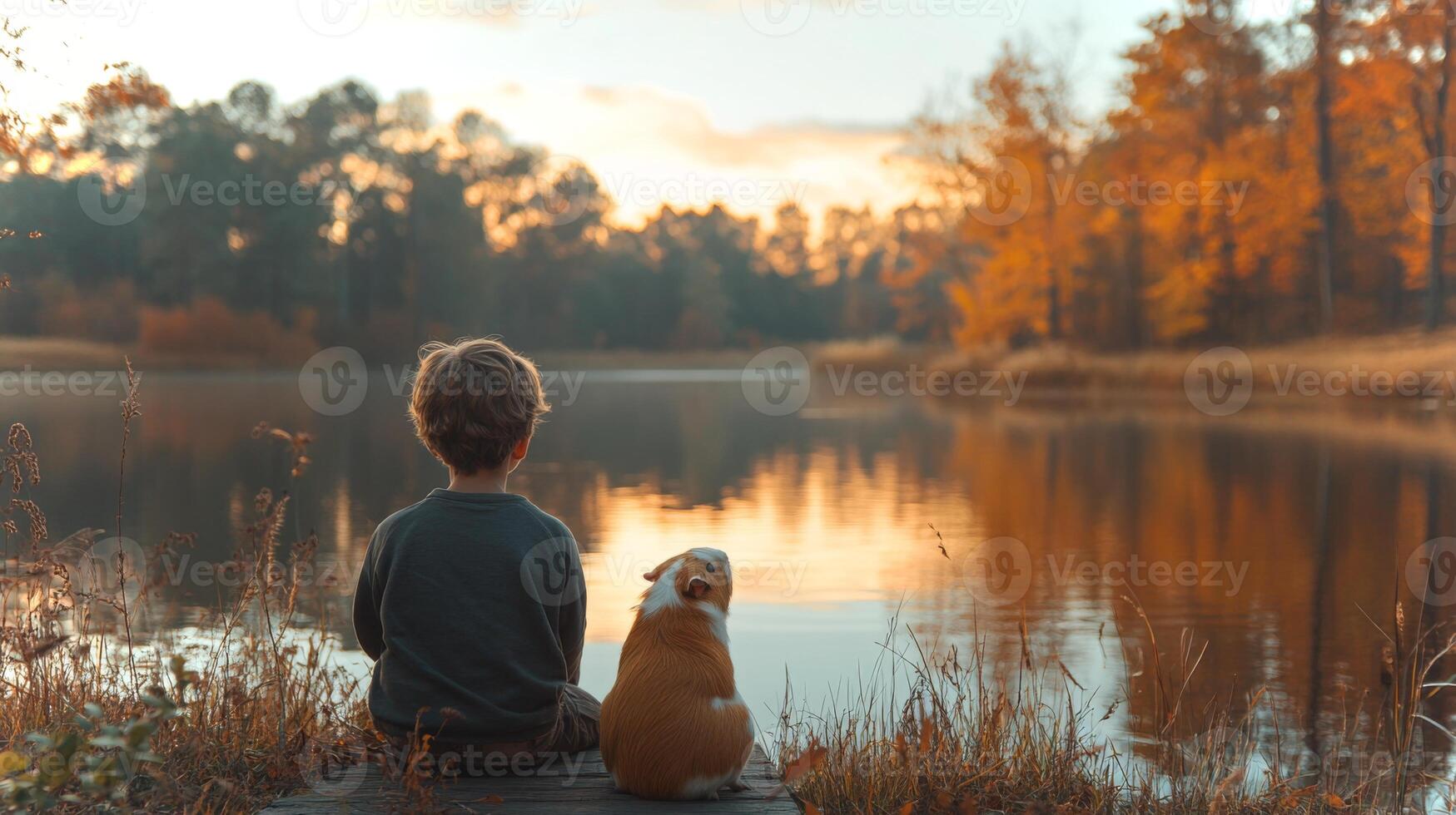 A young boy sits on a wooden dock beside a dog, both gazing at the calm water reflecting the vibrant autumn foliage, while the sun sets in a peaceful atmosphere. photo