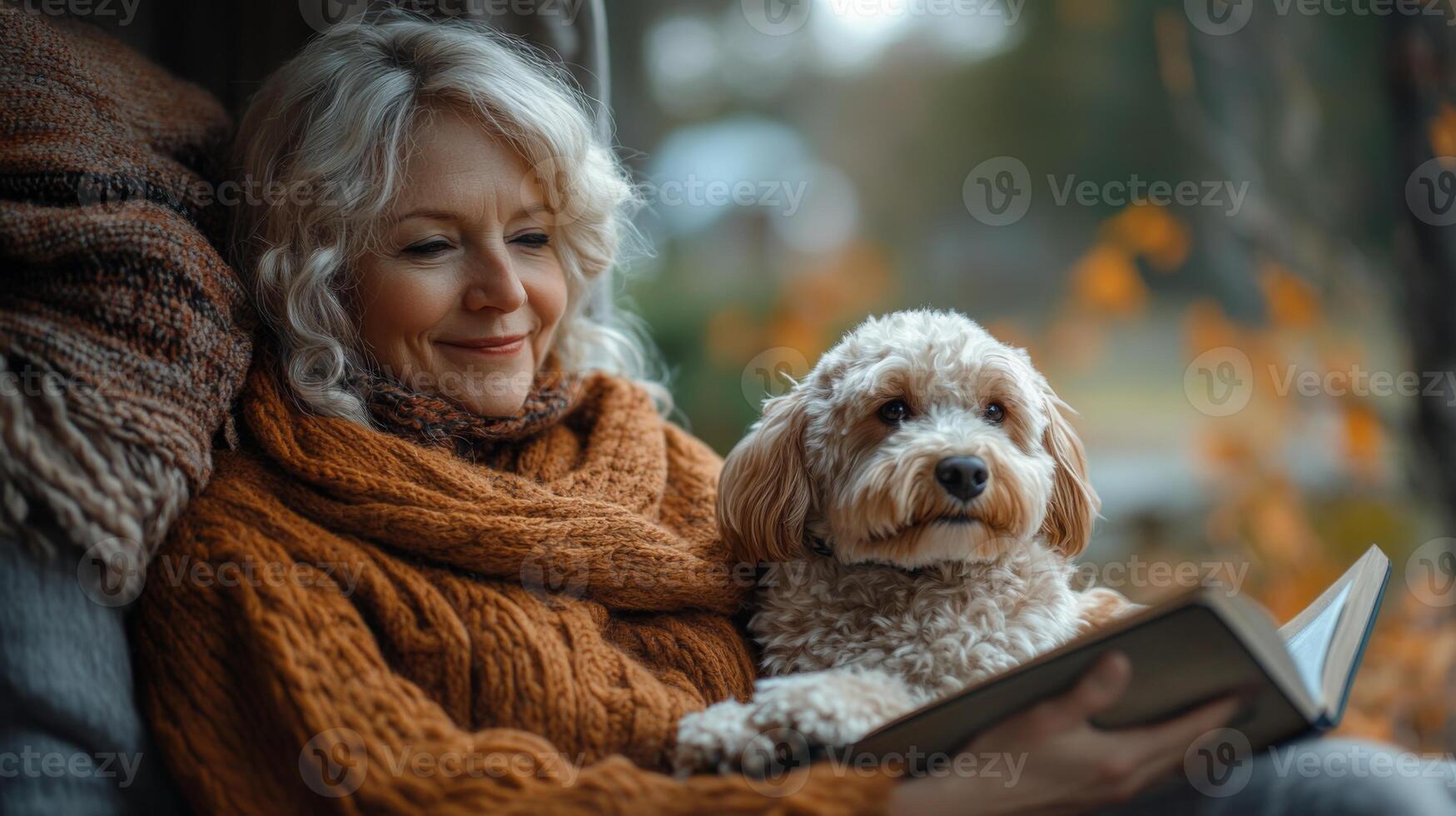 A senior woman dressed in a cozy sweater finds comfort in reading a book while her fluffy dog rests on her lap. Autumn leaves can be seen outside the window, creating a warm atmosphere. photo