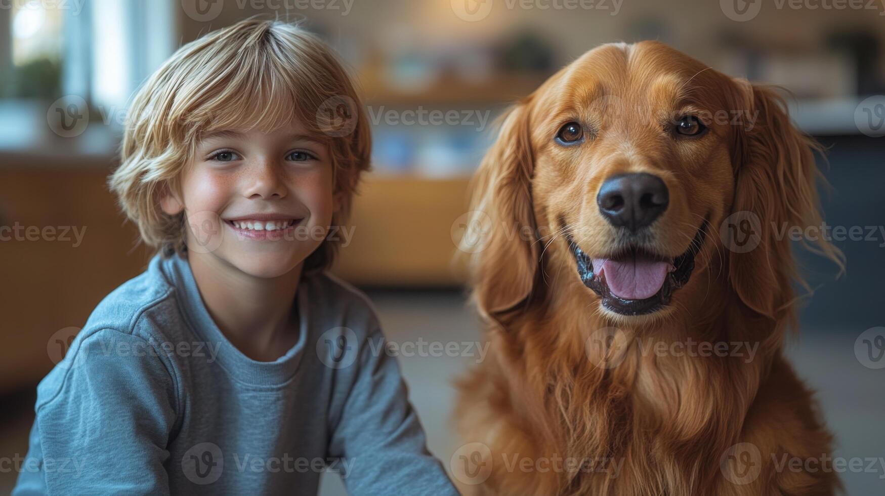 A young boy with wavy blond hair sits beside a golden retriever, both wearing bright smiles. They are in a warm, inviting room filled with natural light and soft furnishings. photo