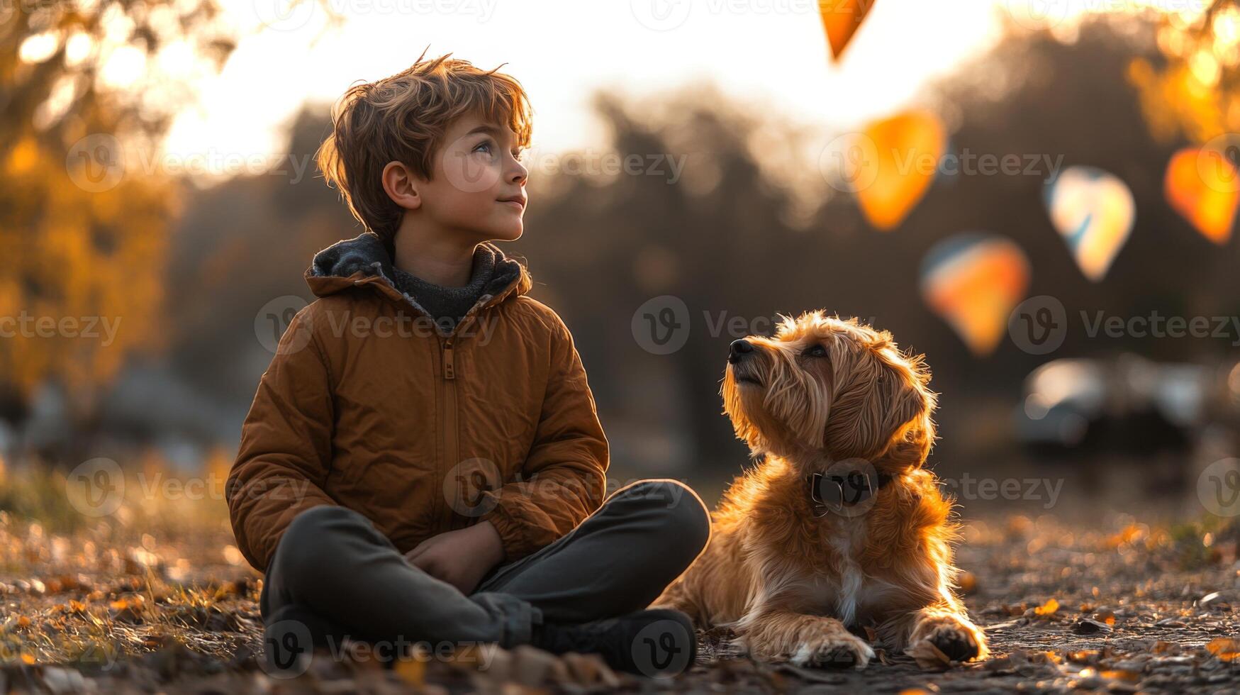 A young boy in a brown jacket sits cross legged next to his dog on the ground, gazing at autumn leaves falling from trees under a warm sunset sky in a serene park. photo