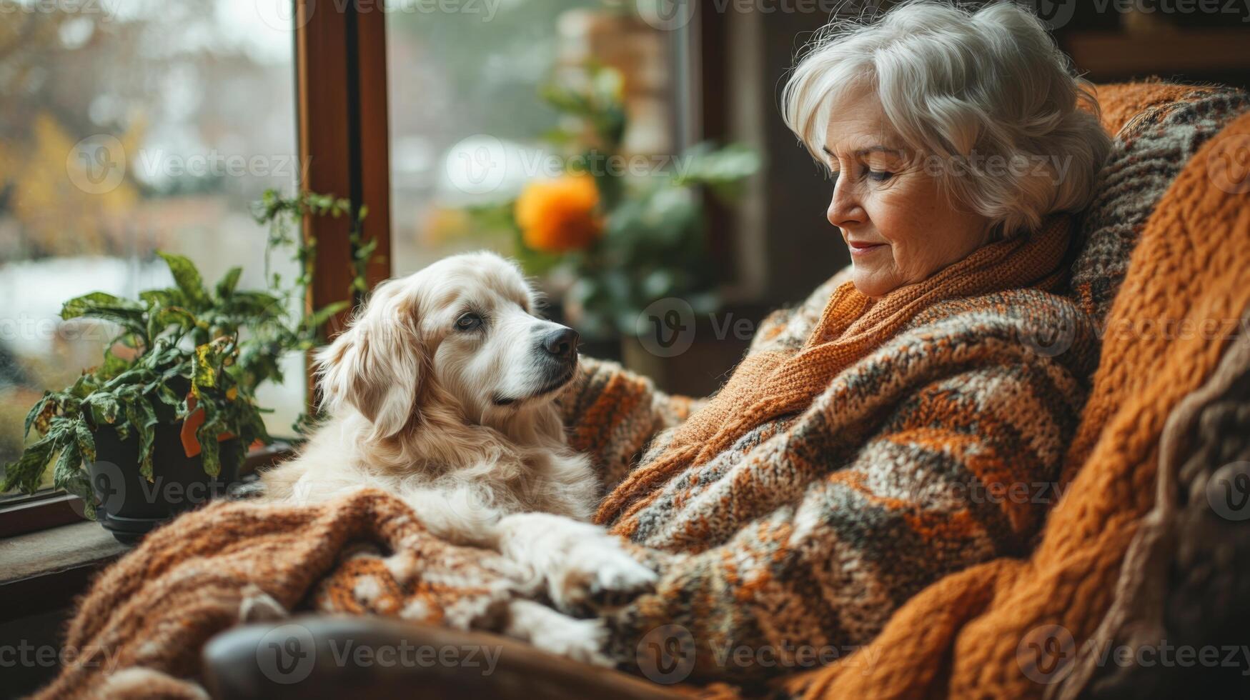 A senior woman sits in a comfortable chair by the window, wrapped in warm blankets while gently stroking her golden retriever, creating a peaceful atmosphere. photo