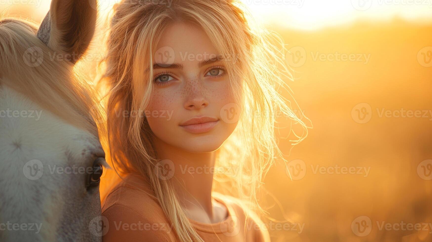 A young woman enjoys a serene moment next to a white horse in a field bathed in warm golden light, capturing the tranquility of nature during sunset. photo
