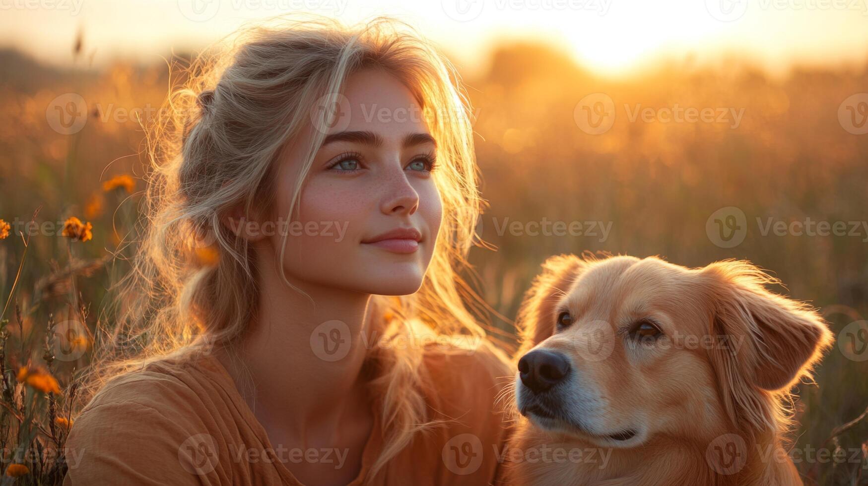 A young woman sits in a blooming flower field alongside her golden retriever, both basking in the warm glow of sunset. Their calm expressions reflect the peaceful connection they share at this moment. photo