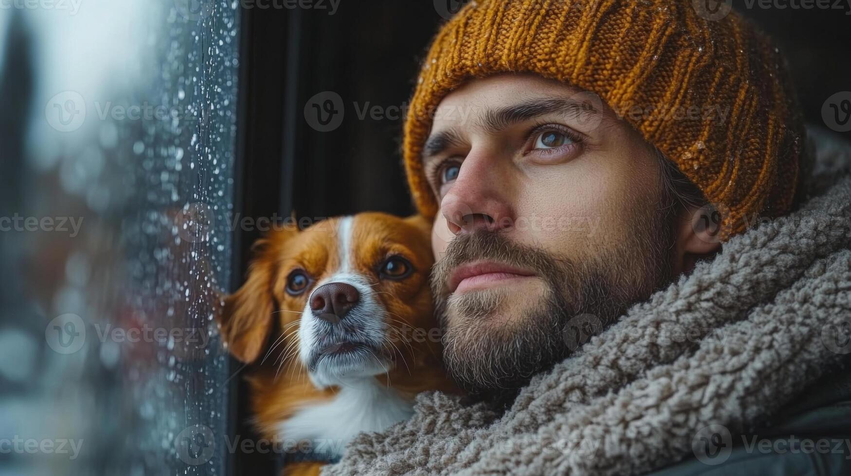 A man with a beard and a warm hat gazes out of a window, while a small dog rests against him, both observing the rain falling outside in a comforting indoor setting. photo