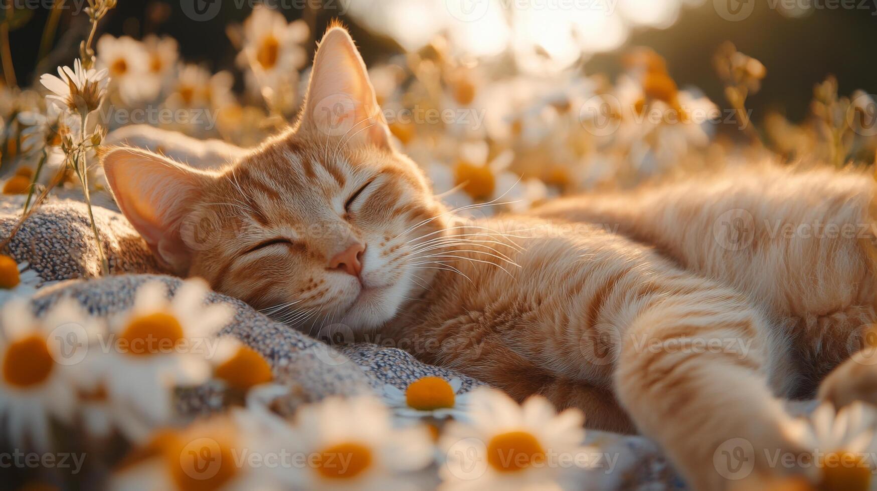 A content orange cat sleeps soundly on a blanket surrounded by vibrant daisies, basking in the warm light of the golden hour in a tranquil outdoor space. photo
