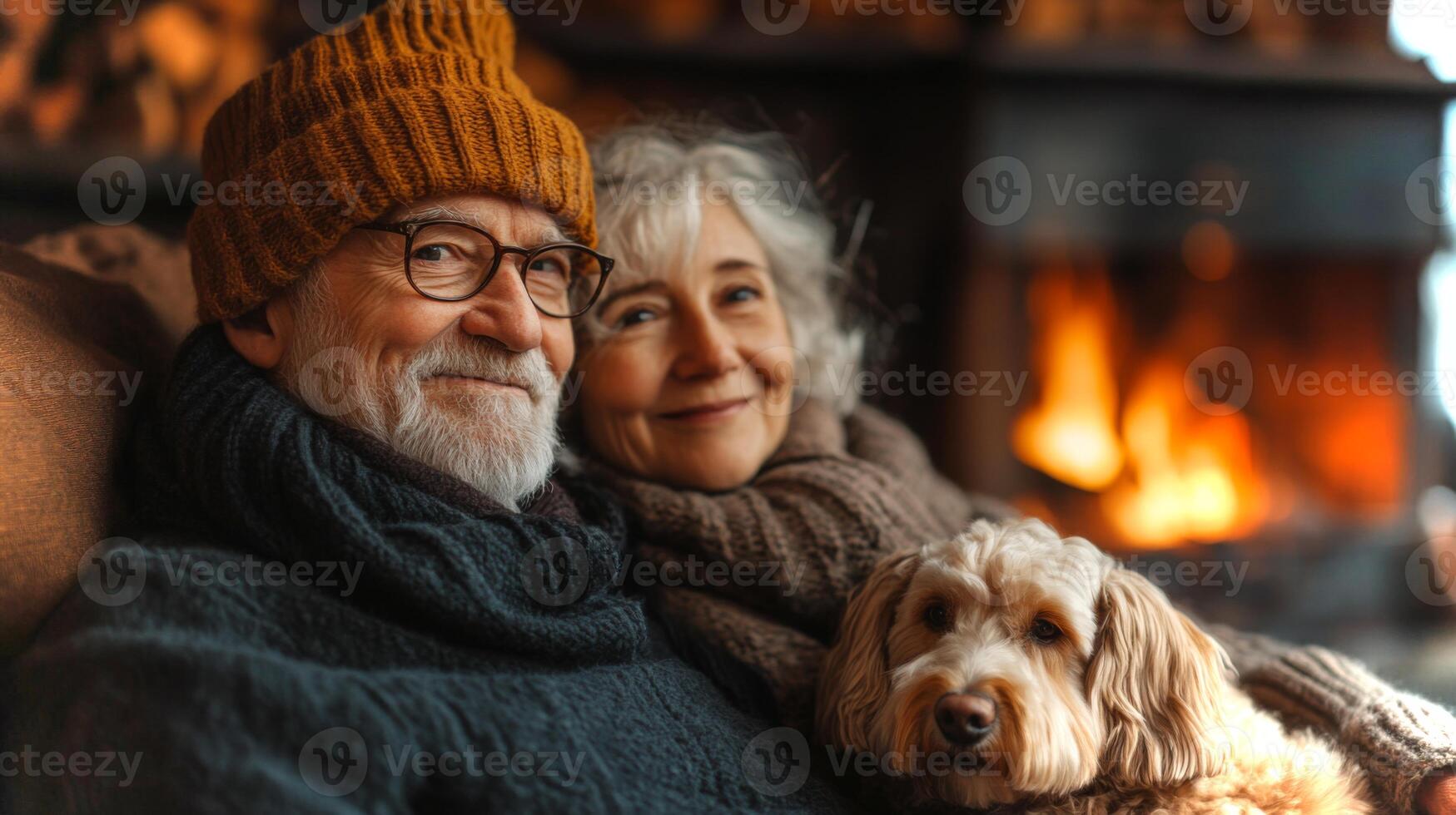 Elderly couple sits comfortably together on a couch, smiling warmly while their dog rests on their laps beside a crackling fireplace in a rustic setting. photo