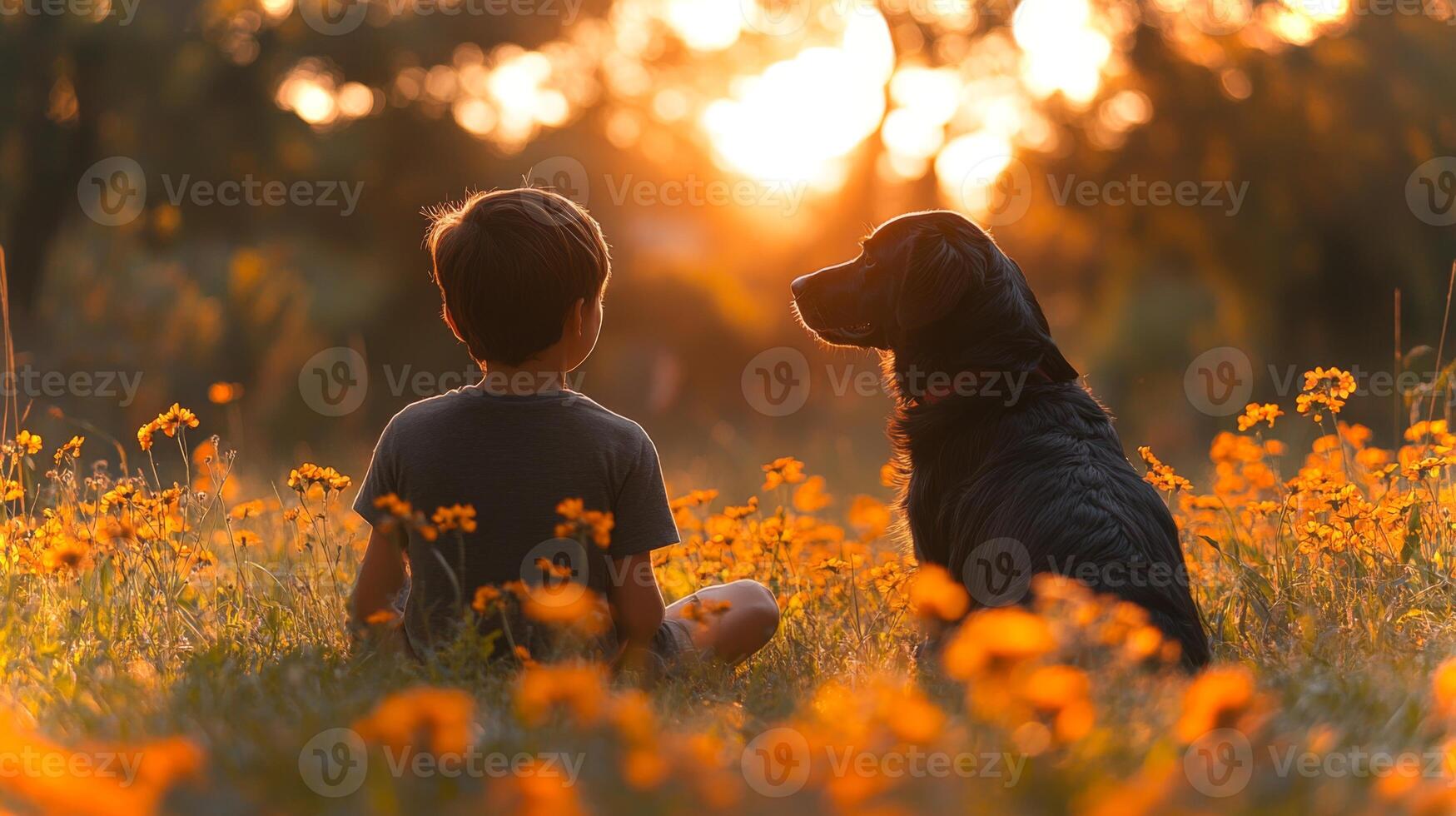 A young boy and his black dog are seated in a field filled with bright orange flowers, enjoying the view of a picturesque sunset on a warm evening, creating a tranquil atmosphere. photo