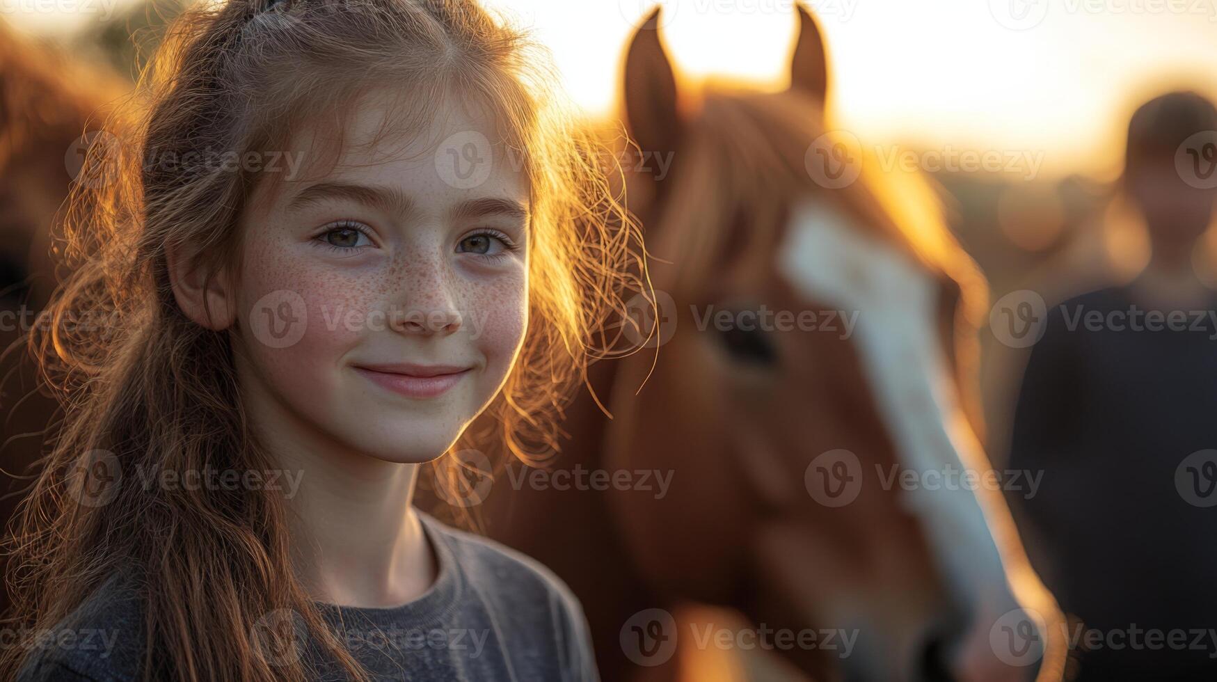 A girl is joyfully interacting with horses at sunset, surrounded by a serene rural landscape. The warm glow enhances the memorable moment. photo
