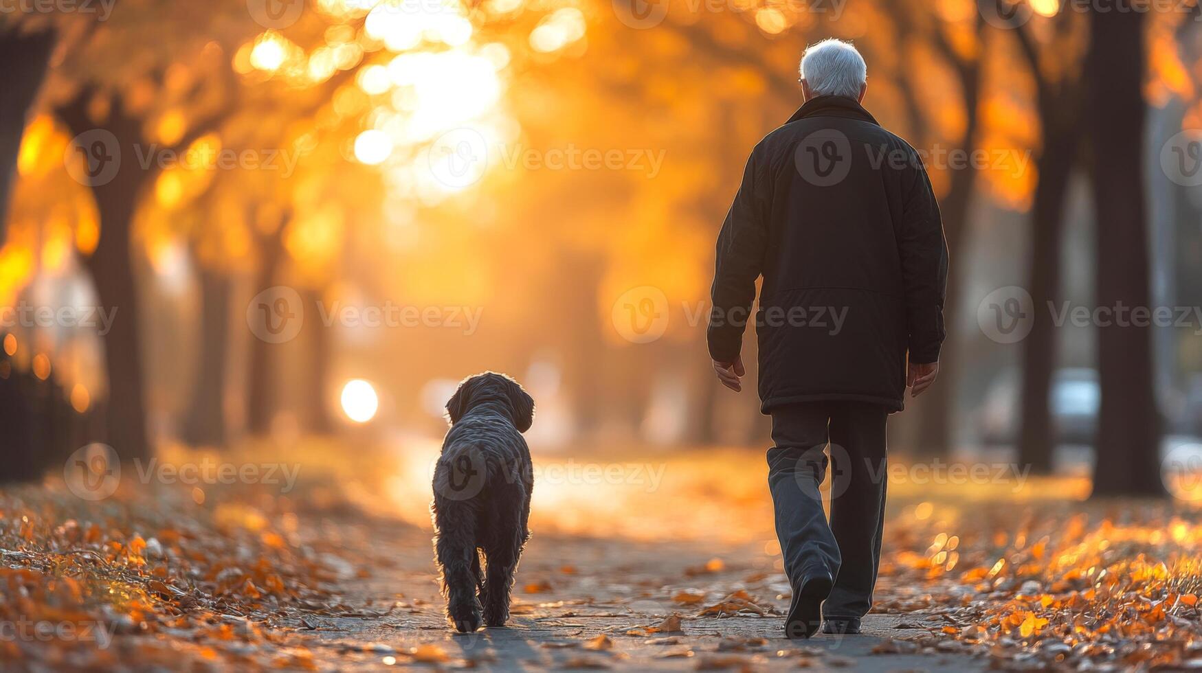 An elderly man strolls alongside his dog in a park during sunset. The park is filled with colorful autumn leaves, creating a peaceful and warm ambiance. photo