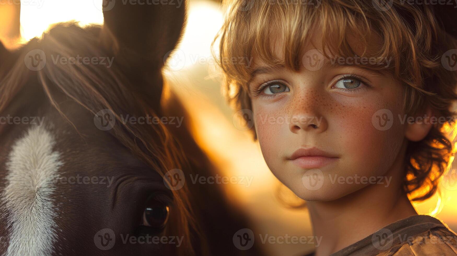 A young boy with tousled hair gazes thoughtfully while standing next to a horse. The warm, golden light of sunset creates a peaceful atmosphere on the farm. photo