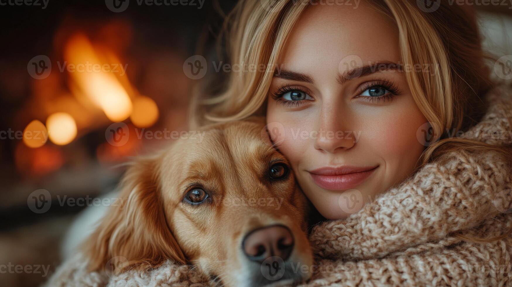 A woman wrapped in a thick sweater cuddles her golden retriever as they relax by a crackling fireplace, enjoying quality moments together in the warmth of home. photo