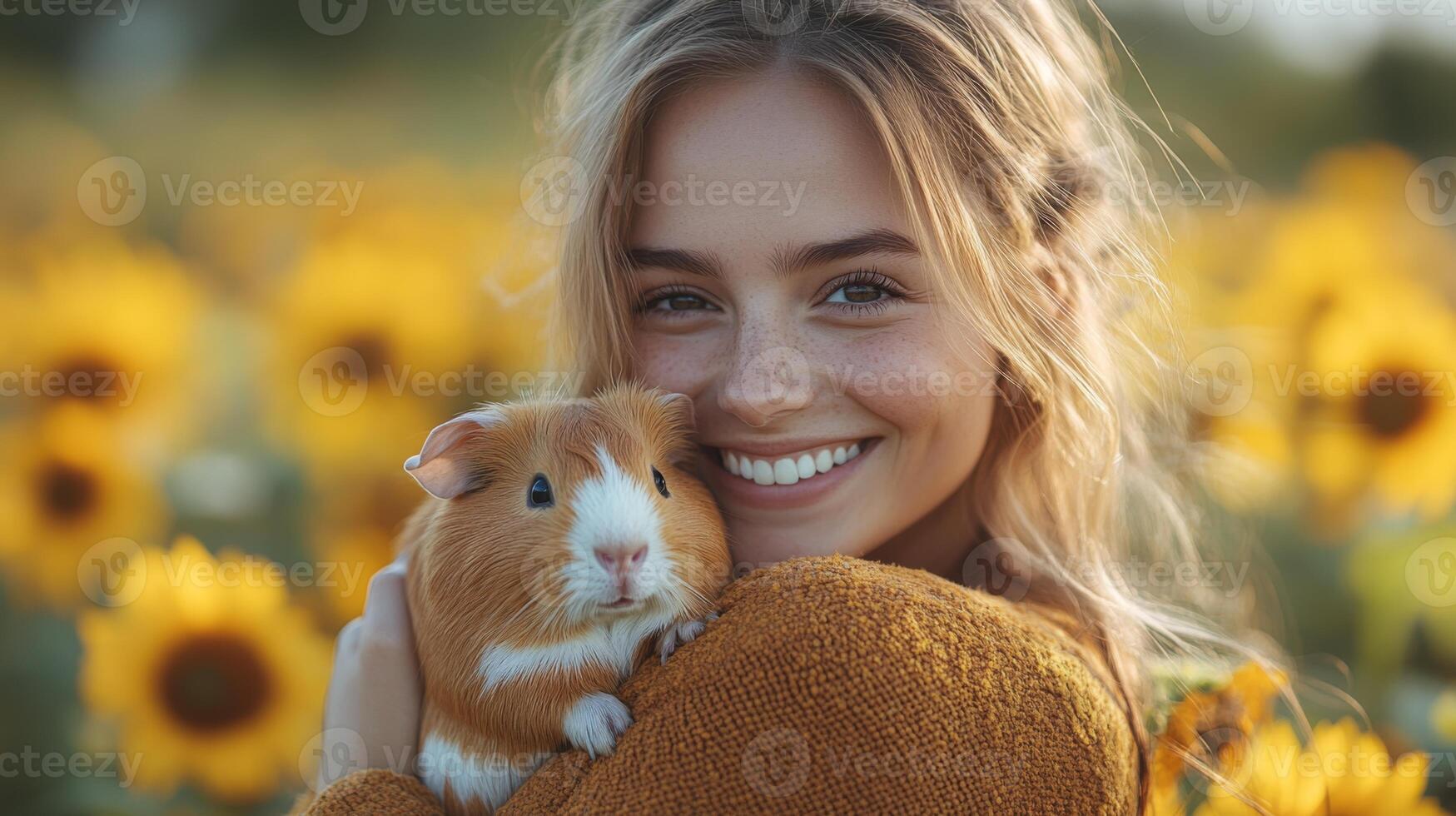 A joyful young woman smiles brightly while holding a guinea pig close to her face, surrounded by sunflowers under a clear blue sky during a warm late summer day. photo