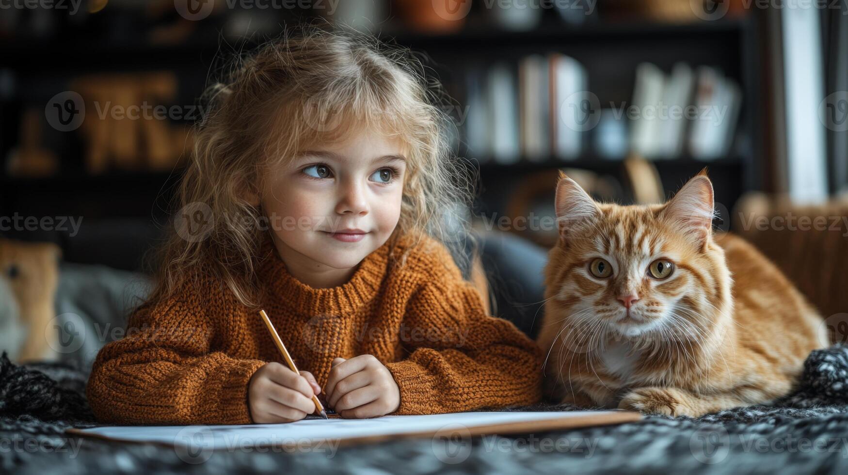 A child with long curly hair focused on drawing with a pencil, sits beside a fluffy orange cat in a comfortable indoor space filled with warm sunlight, creating an intimate atmosphere. photo