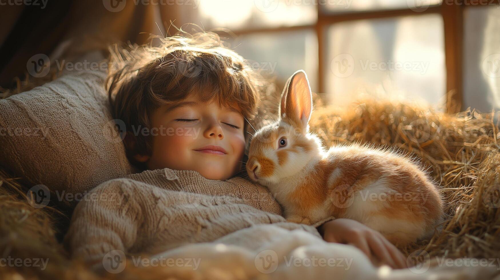 A young child lies asleep with a content smile, snuggled up in soft straw, while a gentle rabbit rests comfortably beside them in a warm, intimate setting. photo