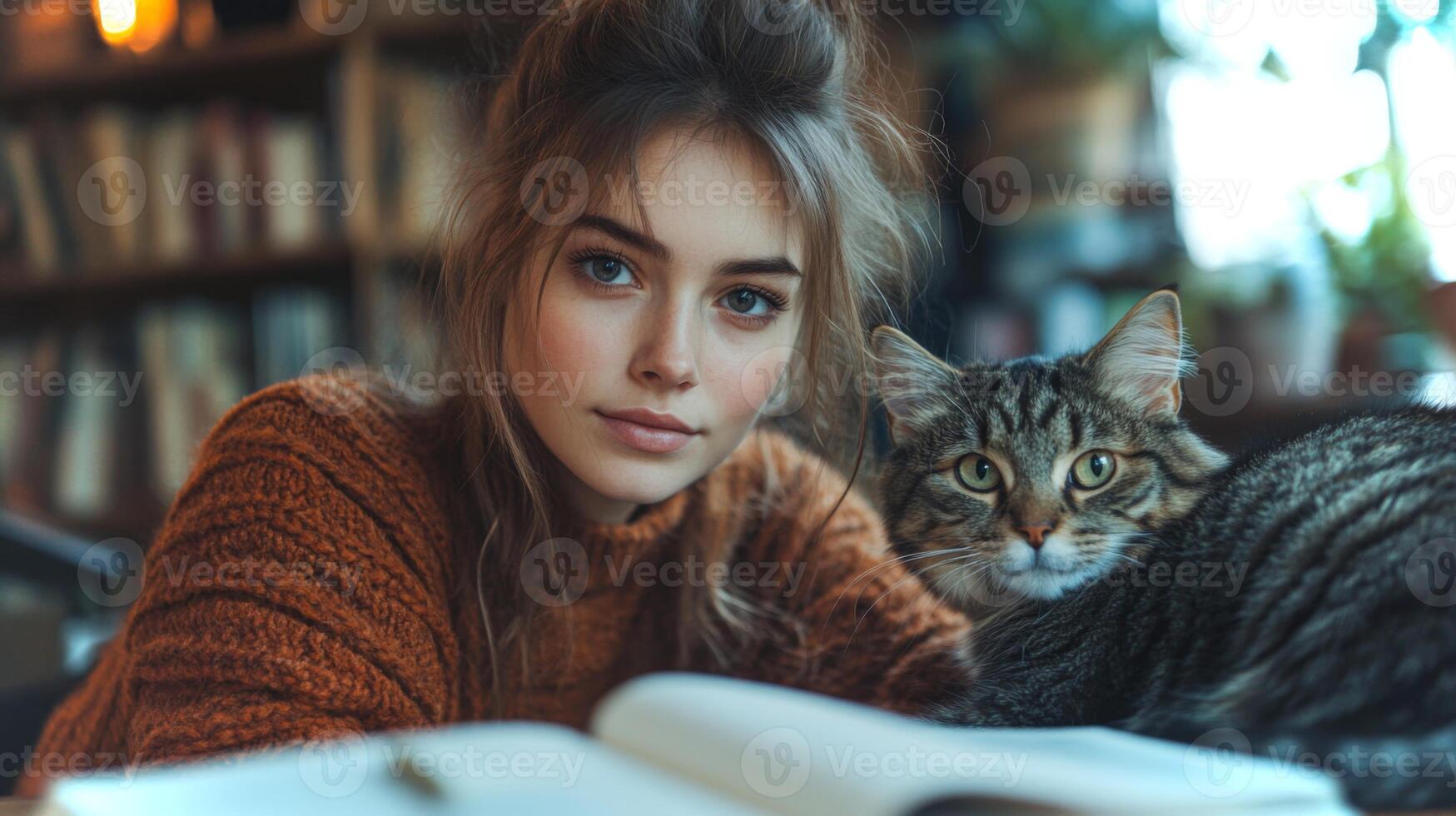 A young woman sits by a window in a library, gazing at the camera while holding a book. Her cat lounges beside her, creating a peaceful and inviting atmosphere. photo