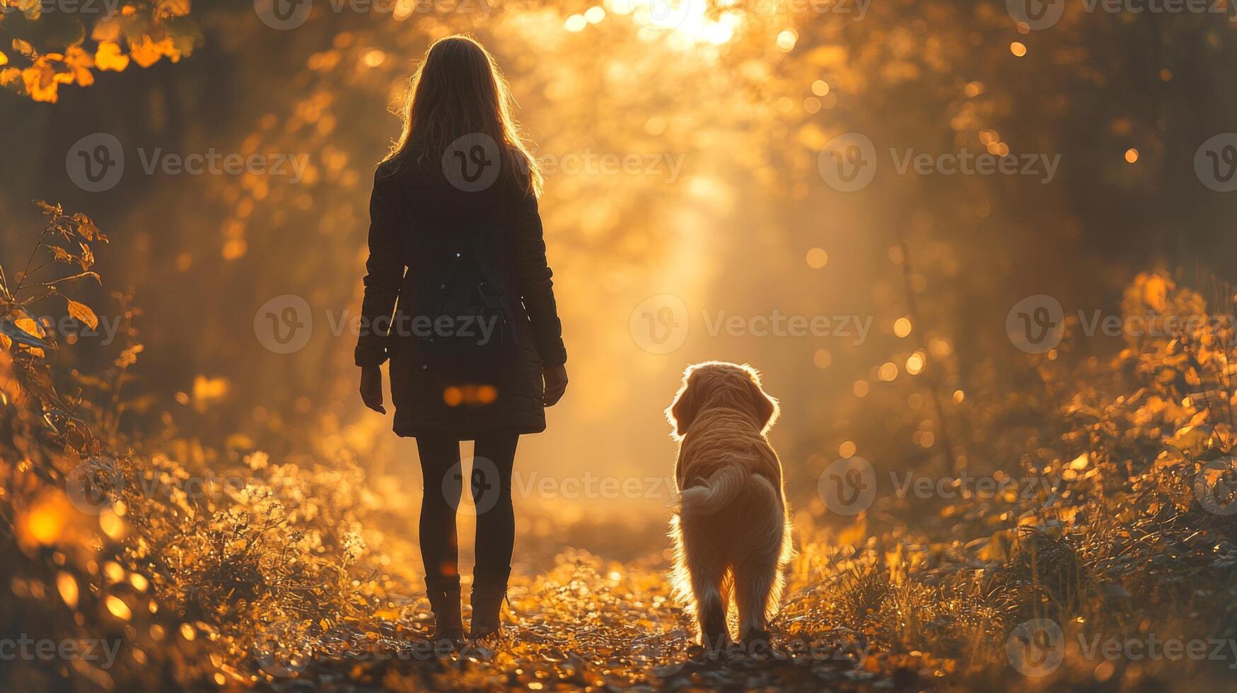 A woman stands beside her golden retriever in a lush forest during sunset, surrounded by vibrant autumn leaves, creating a peaceful and serene atmosphere. photo