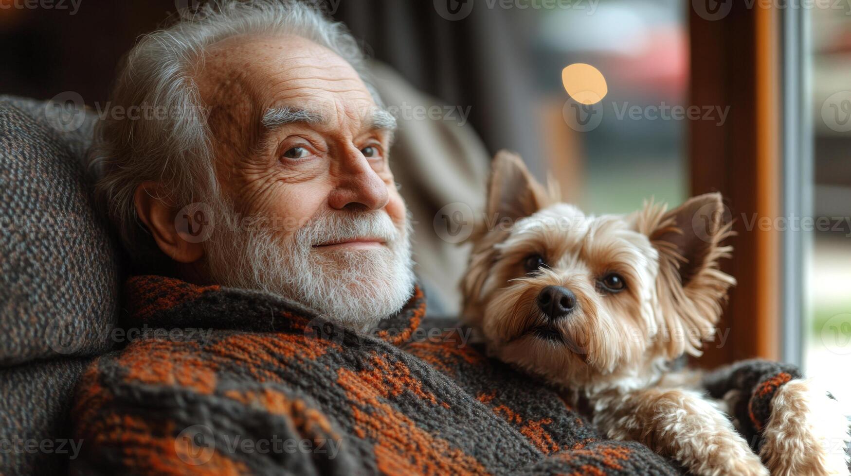 An elderly man sits comfortably on a couch wearing a warm sweater while his small dog rests closely beside him, enjoying a serene moment in a cozy living room setting. photo