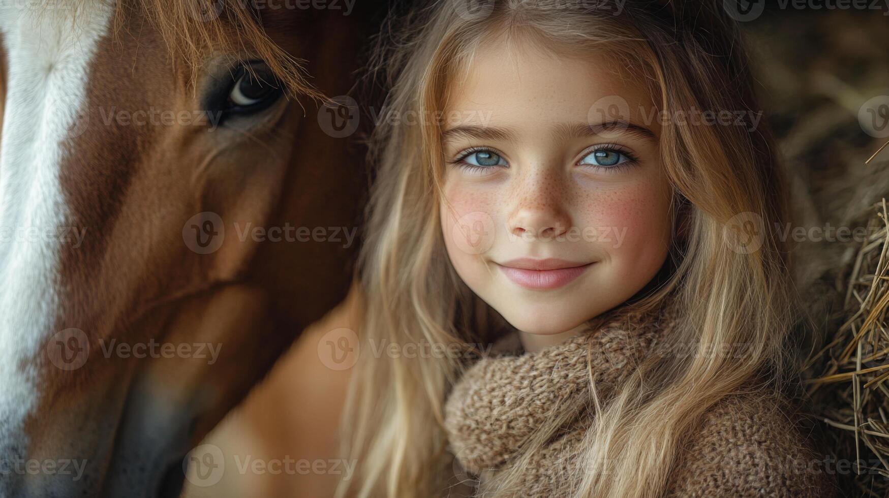 A young girl with long hair and bright blue eyes stands next to a horse, smiling gently while surrounded by hay. The warm light of late afternoon highlights her joyful expression. photo
