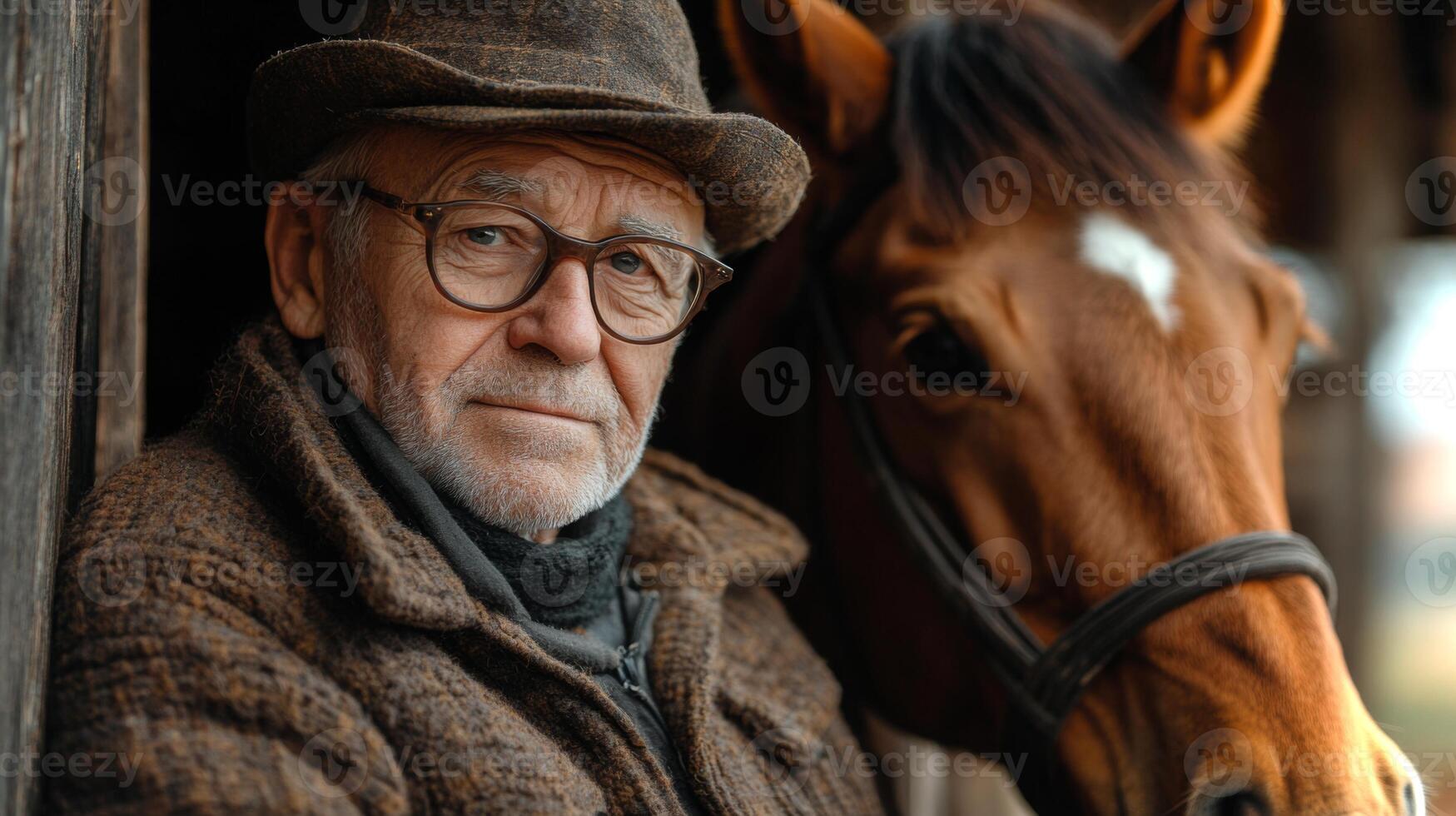 An elderly man stands close to a horse, both framed by the rustic wooden structure of the stable. Late afternoon sunlight softly illuminates the scene, creating a warm atmosphere. photo