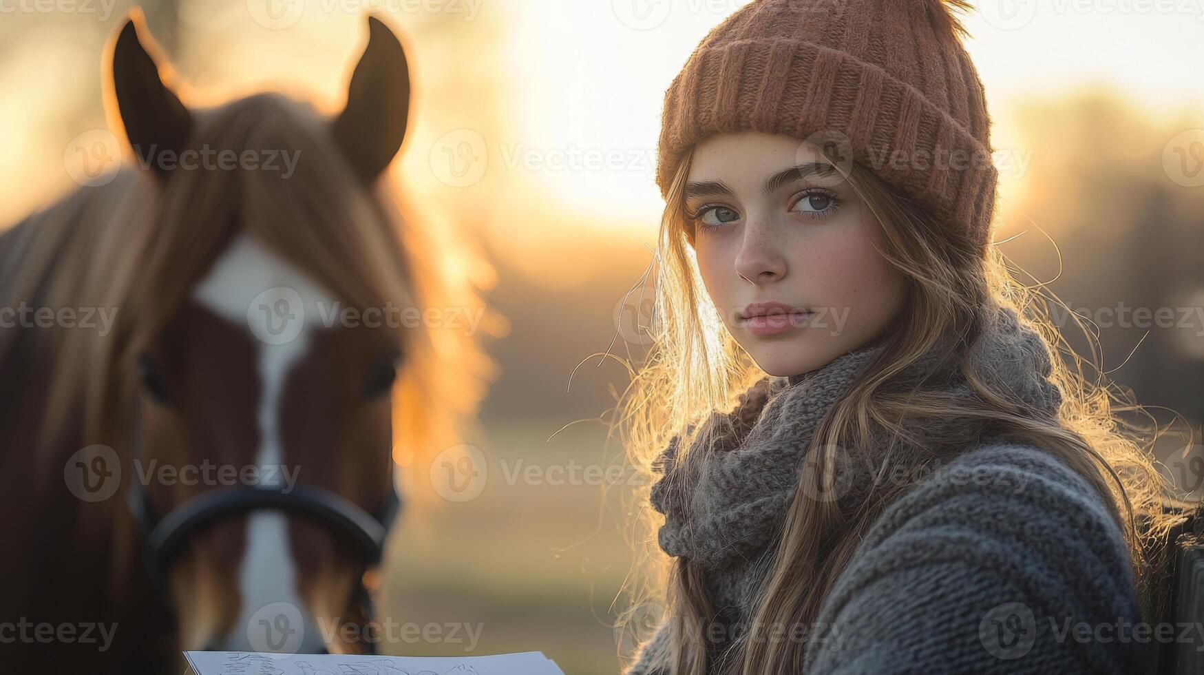 A girl with long hair dressed in warm clothing sits near a horse as the sun sets in the background, casting a golden glow over the autumn landscape. photo