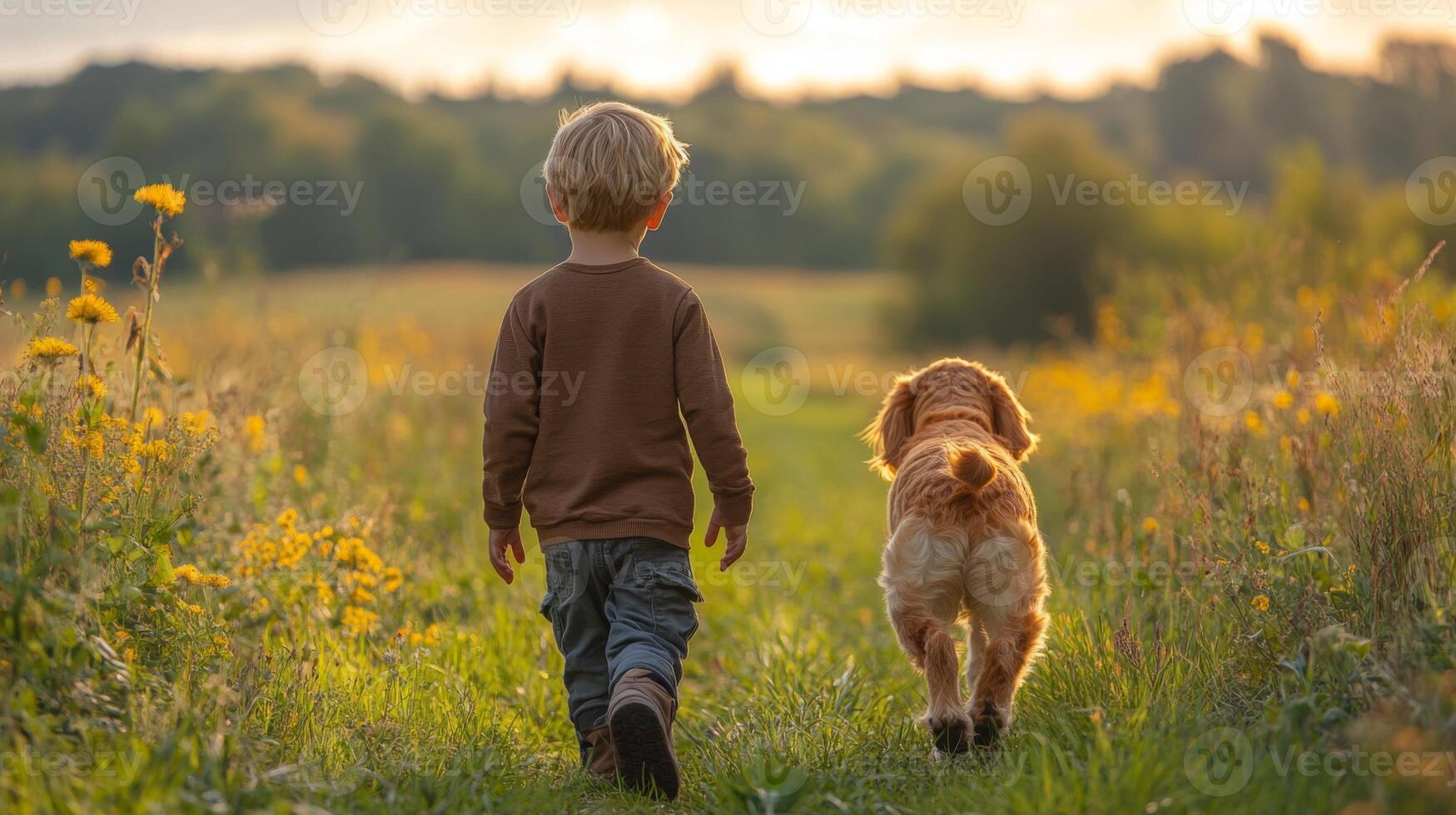A young child strolls down a tranquil path with a furry dog by his side, enjoying a beautiful evening in a scenic field filled with vibrant flowers and soft sunlight. photo
