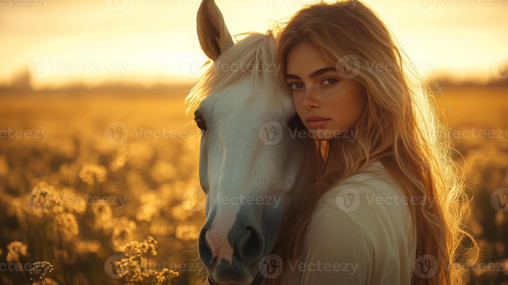 A young woman gently leans against a white horse in a vast golden field at sunset. The warm light highlights the natural beauty of both the girl and the horse, creating a peaceful atmosphere. photo